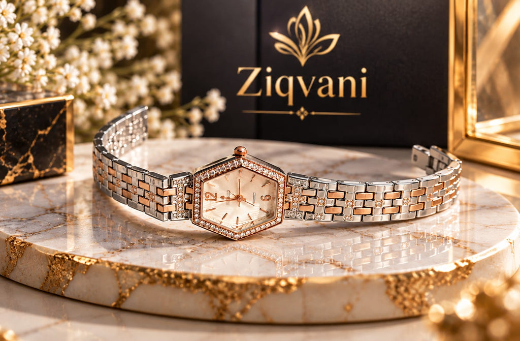 Ziqvani Luxury Crystal Hexagon Women’s Watch – Premium Two-Tone Bracelet Watch