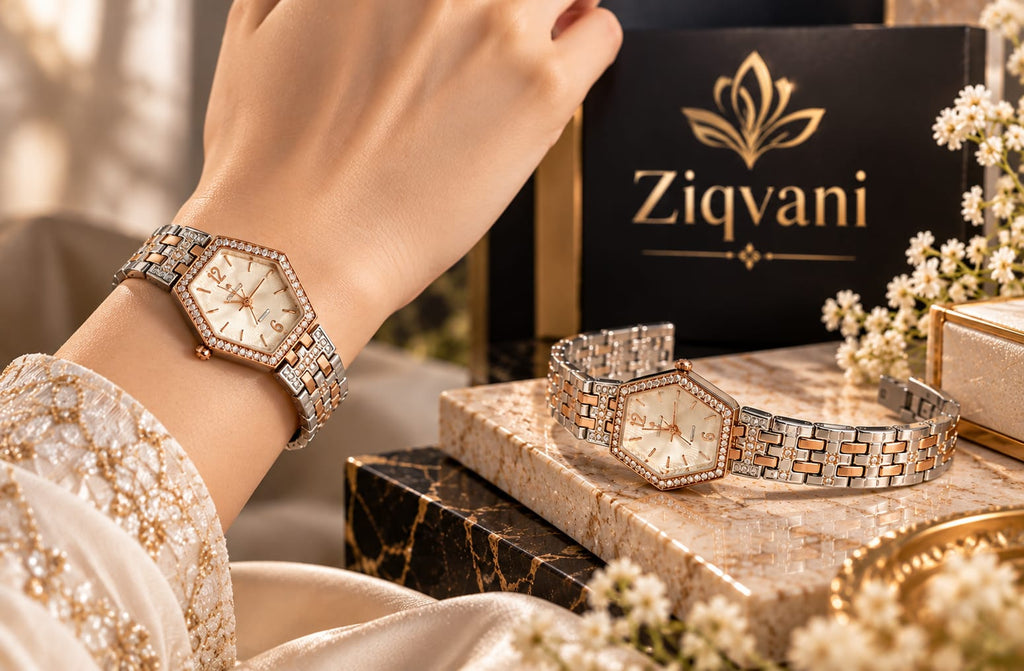 Ziqvani Luxury Crystal Hexagon Women’s Watch – Premium Two-Tone Bracelet Watch