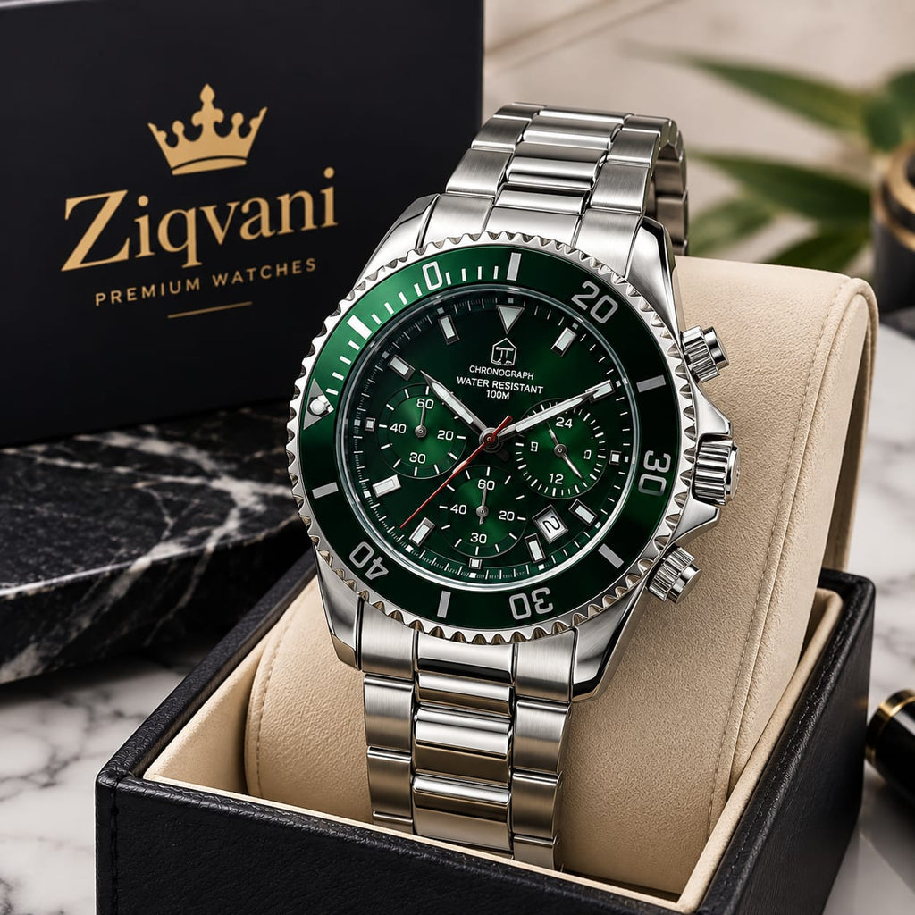 Ziqvani Premium Gents Chronograph Watch – Silver Stainless Steel with Green Dial