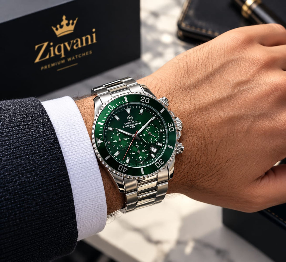 Ziqvani Premium Gents Chronograph Watch – Silver Stainless Steel with Green Dial