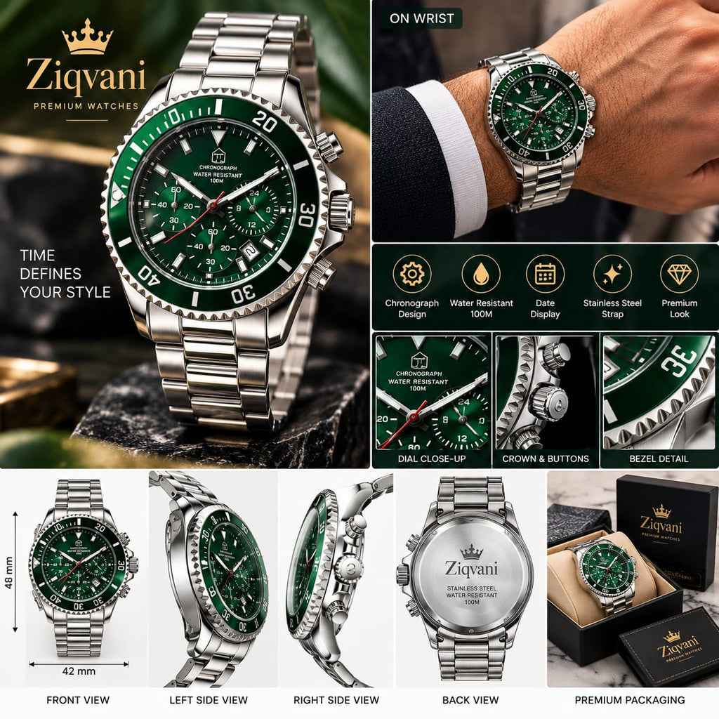 Ziqvani Premium Gents Chronograph Watch – Silver Stainless Steel with Green Dial